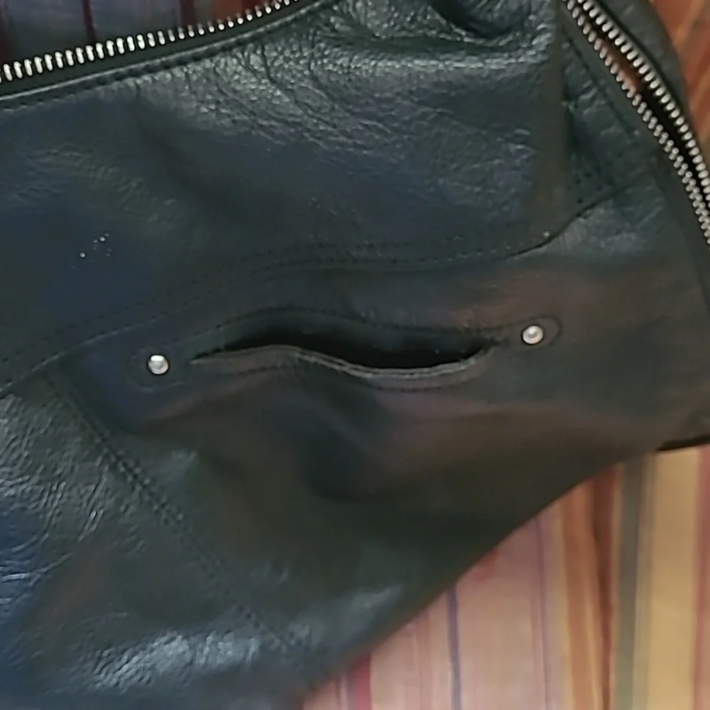 B Makowsky Black Leather Studded Fringed Hobo Bag
